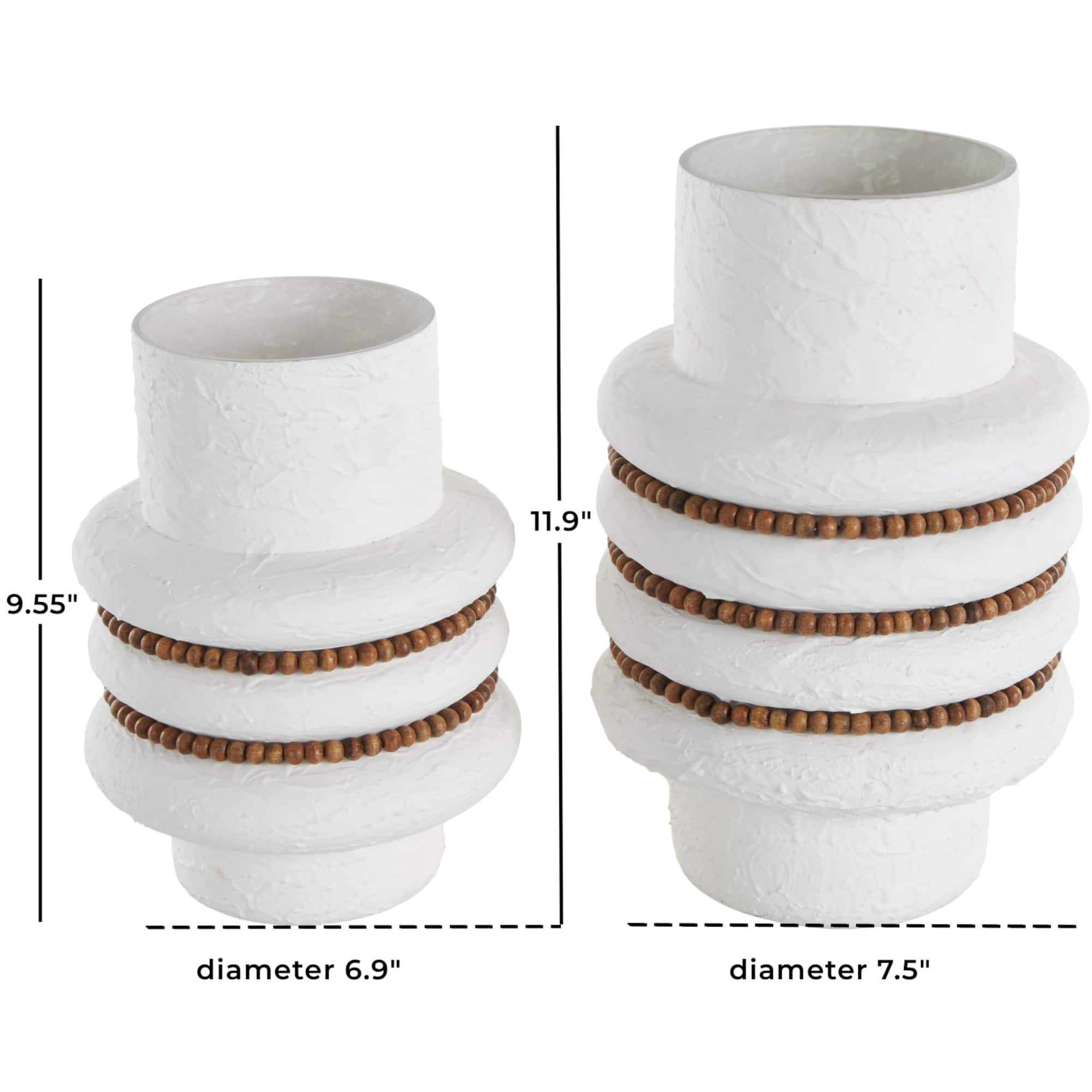White Glass Textured Decorative Vase with Brown Wood Beaded Stripes Set